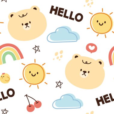 Beyaz arka planda kusursuz şirin ayı yüzü. Çocuksu karikatür. Bebek kıyafeti, kumaşı, çocuk tekstili, dekorasyon, ambalaj kağıdı hediyesi.. 