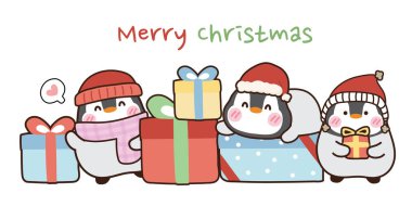 Şirin penguenler beyaz arka planda hediye kutusu karikatürlü Noel Baba şapkası giyer. Mutlu Noeller. Hayvanlar için karakter tasarımı..