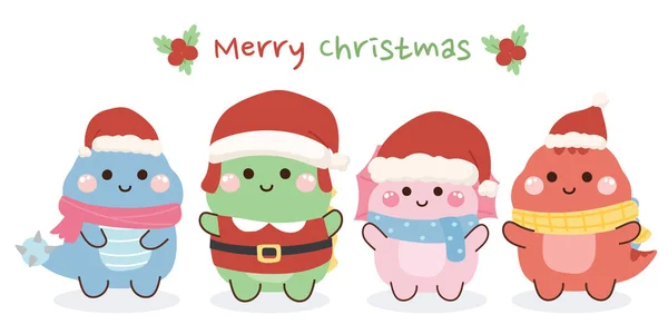 Frohe Weihnachten Set Von Niedlichen Dinosaurier Cartoon Tragen Weihnachtsmann Hut — Stockvektor