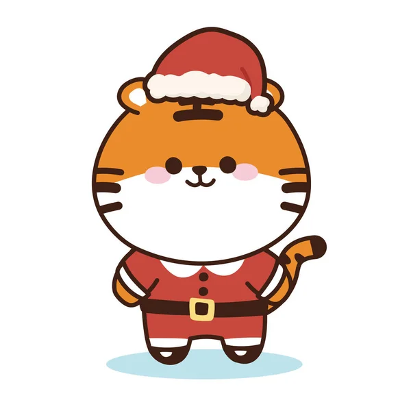 Feliz Natal Concept Cute Sorriso Tigre Desgaste Santa Figurino Stand — Vetor de Stock