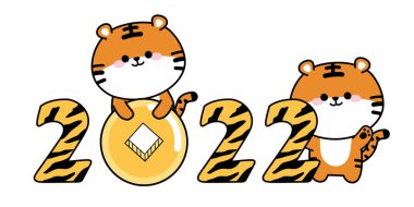 Cute tigers with 2022 text and coin cartoon on white background.Chinese new year.Animal character hand drawn.Isolated.Kid graphic design.Vector.Illustration.