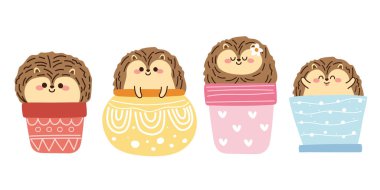 Set of cute hedgehog in pot cartoon on white background.Animal character design.Hand drawn.Image for sticker,card,kid product.Graphic design.Isolated.Art.Kawaii.Vector.Illustration.
