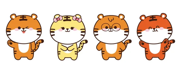 Set Cute Tigers Various Poses Cartoon White Background Animal Character — Archivo Imágenes Vectoriales