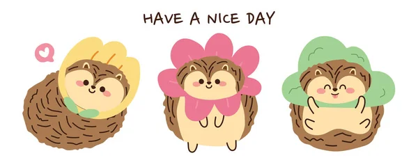 Set Cute Happy Hedgehog Wear Flower Hat Costume Cartoon Animal — Vettoriale Stock