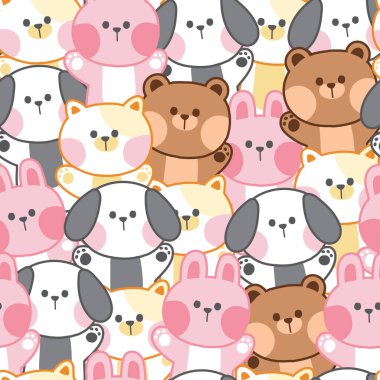 Tekrar ediyorum. Arka planda kusursuz sevimli hayvan deseni. Ayı, kedi, tavşan. Kawai. Duvar kağıdı, pankart, kart, çocuk bezi, hediye kâğıdı paketi..