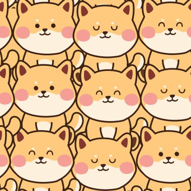 Şirin shiba inu köpek karikatürünün kusursuz deseni. Hayvanlar için karakter tasarımı. Çocuk grafiği. Duvar kağıdı..