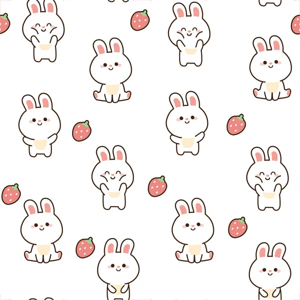 Repeat Seamless Pattern Cute Rabbit Strawberry Cartoon White Background Character — 图库矢量图片