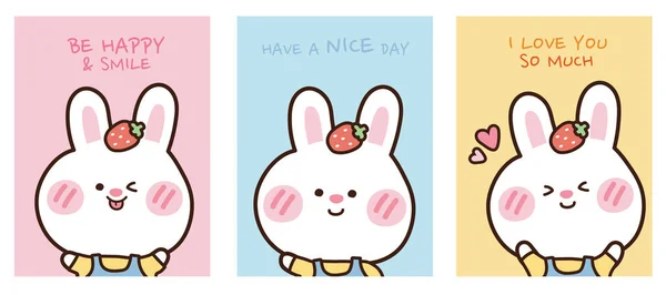 Set Cute Rabbit Have Strawberry Head Various Poses Colorfull Background — стоковый вектор