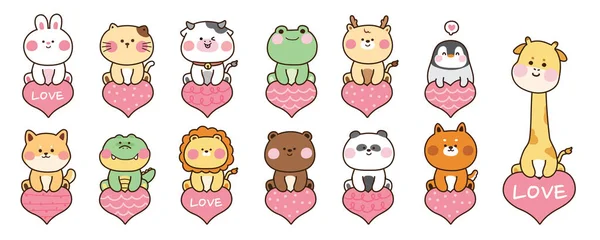 Set Cute Animals Sitting Heart Shape Balloon Cartoon Character Design — Vetor de Stock
