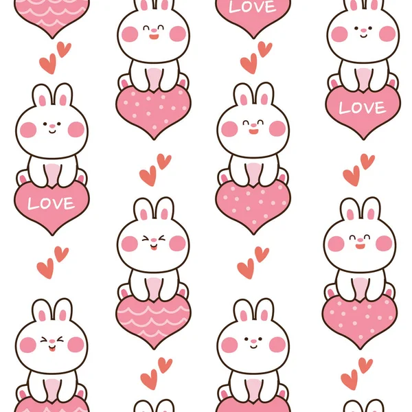 Seamless Pattern Cute Rabbit Sitting Heart Shape Balloon Cartoon Animal — Vettoriale Stock