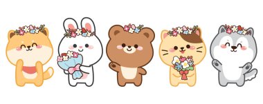 Beyaz arka planda çiçek çelengi olan sevimli hayvanlar. Çizgi film karakteri. Köpek, tavşan, ayı, kedi, sibirya. İzole edilmiş. Kawai Vetor..