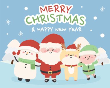 Mutlu Noeller ve mutlu yıllar. Tatlı Noel Baba, Kardan Adam, Ren Geyiği ve elf çizgi filmi. Bebek tasarımı. Bebek grafiği..