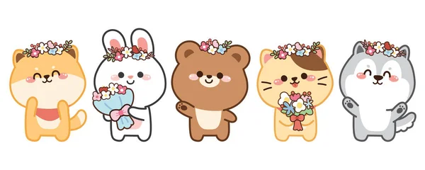 Set Cute Animals Flower Wreath White Background Spring Cartoon Character — Vetor de Stock