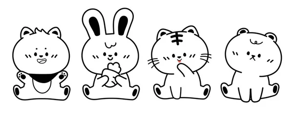Set Cute Animal Sitting Cartoon Line Concept Black White Color — Stockvektor