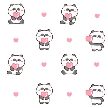 Beyaz arka planda kalbi olan sevimli panda çizgi filminin kusursuz deseni. Çocuk giysisi, çıkartması, kartı, afişi. Bebek grafik tasarımı. Hayvan karakteri tasarımı..