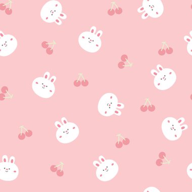 Pembe arka planda kirazlı şirin tavşan yüzünün kusursuz deseni. Hayvan karakteri tasarımı. Etiket, afiş, duvar kağıdı, kart, bebek bezi, hediye kağıdı..