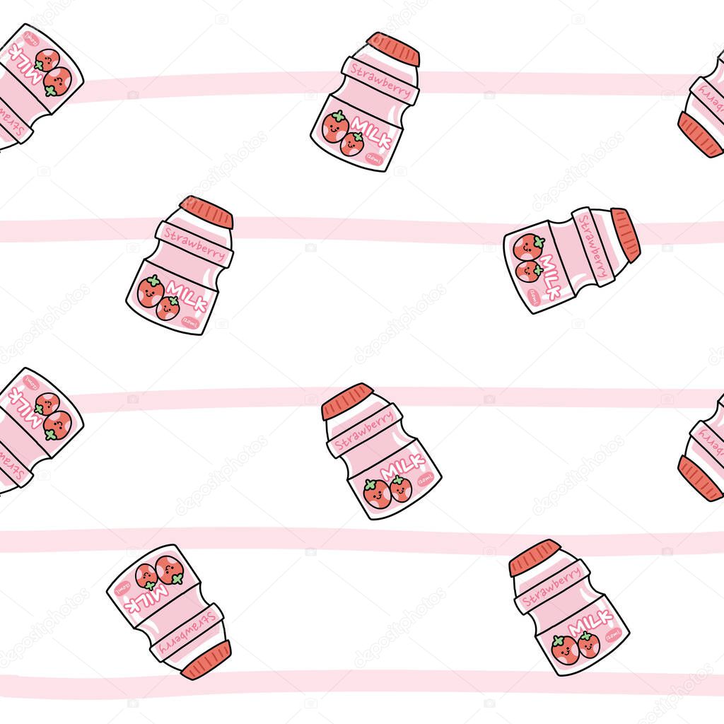 Seamless pattern of cute strawberry milk bottle on white background.Repeat.Image for wallpaper,card,paper gift wrap,baby cloth.Kawaii.Vector.Illustration.