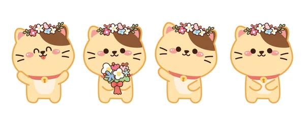 白い背景に様々なポーズの漫画で花の花輪を持つかわいい猫のセット 動物のキャラクターデザイン ペットの手描き春川井 — ストックベクタ