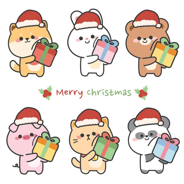 Joyeux Noël Ensemble Animaux Mignons Tiennent Boîte Cadeau Sur Fond — Image vectorielle