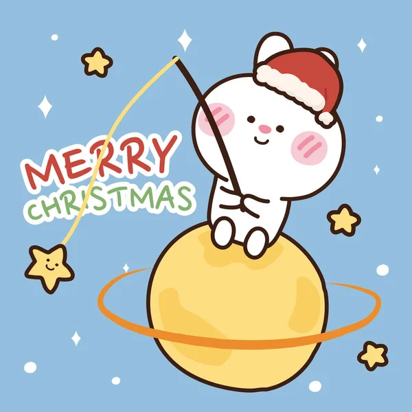 Wesołych Świąt Bożego Narodzenia Cute Królik Siedzieć Tle Gwiazdy Planety — Wektor stockowy