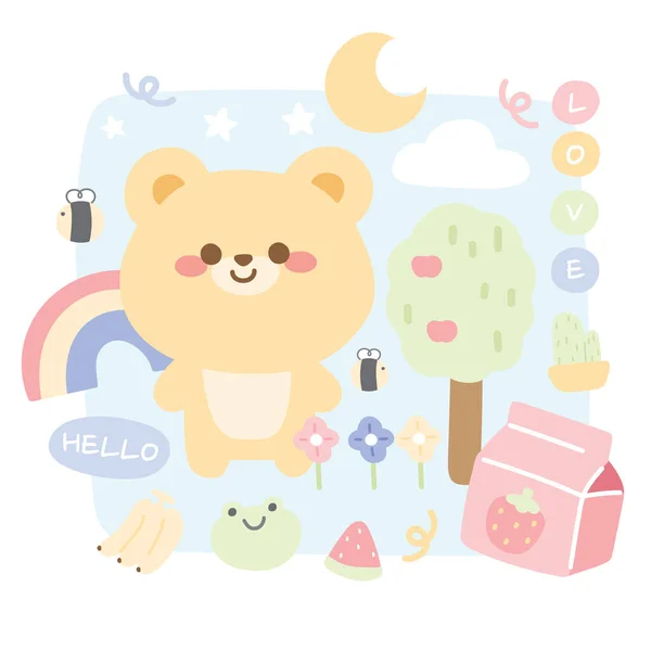 Minimal Style Cute Bear Blue Background Pastel Concept Hand Drawn — Stock Vector