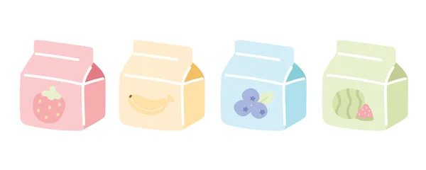 Set Cute Milk Fruit Flavor Cartoon White Background Pastel Minimal — Stockvektor