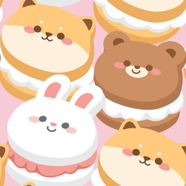 Pembe arka planda şirin yüzlü hayvanların kusursuz desenli macaron çizimi. Hayvanlar için karakter çizimi. Pastel. Duvar kağıdı, kart, pankart, tişört ekranı. Kawaii tatlısı. İllüstrasyon..