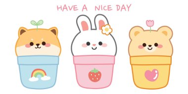 Beyaz arka planda sevimli hayvanlar var. Köpek, tavşan, ayı eli çizilmiş. Çıkartma, kart, çocuk ürünleri için resim. Grafik tasarım. İzole edilmiş..