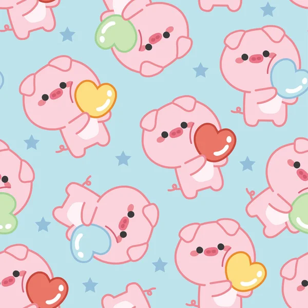 Seamless Pattern Cute Pig Hug Colorful Heart Blue Background Kid — Stockvektor