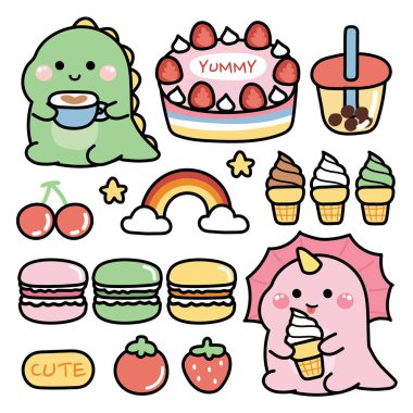 Beyaz arka planda tatlı karikatürü olan sevimli dinozorlar. Pasta, sütlü çay, kiraz, gökkuşağı, dondurma, makarna kurabiyeleri, domates, çilek. Çocuk grafiği. İzole edilmiş..