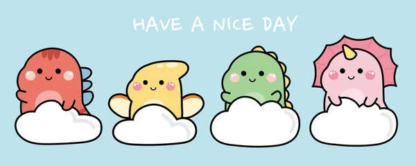 Cute Happy Dinosaur Cloud Sky Cartoon Animals Character Design Have — Stockvektor