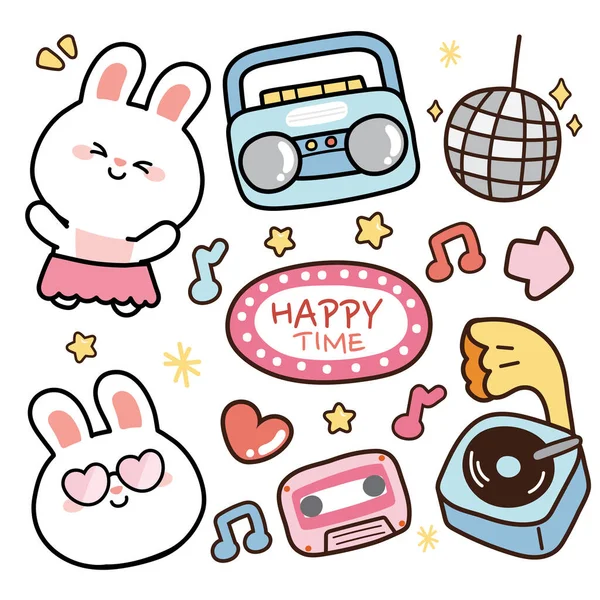 Music Collection Set Cute Rabbit Radio Disco Ball Cassette Tape — стоковый вектор