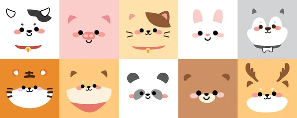 Collection Cute Animals Face Cartoon Background Flat Style Cow Tiger — стоковый вектор