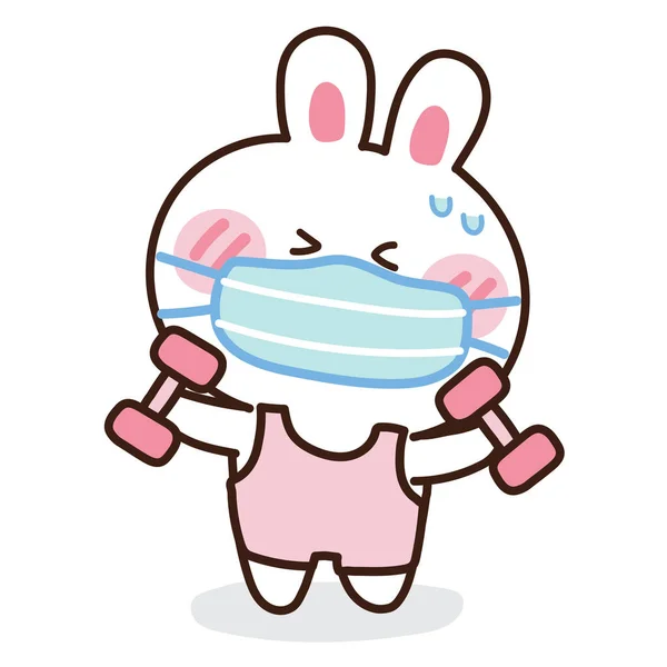 Cute Rabbit Wearing Face Mask Exercise Cartoon Virus Reportion Covid — 스톡 벡터