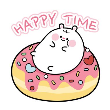 Cute chubby bear lay on strawberry donut cartoon.Animal character design.Vector.Illustration.