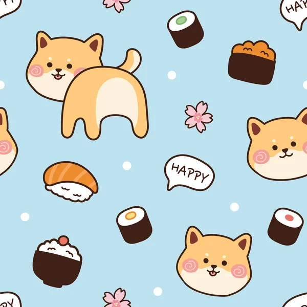Giappone Concept Seamless Pattern Shiba Inu Dog Sushi Blue Background — Vettoriale Stock