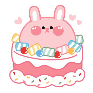 Şekerleme ve karikatür kaplı şirin tavşan pastası. Kart, çıkartma, bebek kıyafetleri için resim. Hayvan karakteri tasarımı. Parti. Doğum günü. Kutlama. Kawaii.yalıtımlı..