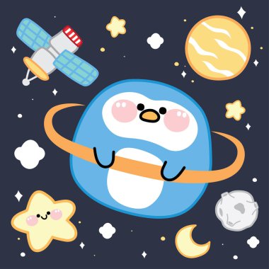 Yıldızlı, aylı, uydu karikatürlü sevimli penguen gezegeni. Hayvan karakteri dizaynı. Galaksi. Kawai. İzole edilmiş..