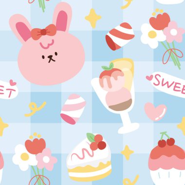 Mavi zemin üzerinde tatlı olan sevimli yüz tavşanı deseni. Çiçek, dondurma, pasta, lokum yiyeceği. Kıyafet, kumaş, tekstil, ambalaj, kağıt, hediye, baskı..