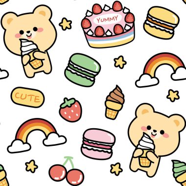 Tatlı ayının kusursuz deseni pasta, makarna, gökkuşağı, çilek, vişneli el çizimi dondurma yer. Çizgi film tasarımı. Kawaii.White özgeçmişi..