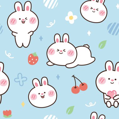 Mavi arka planda kusursuz şirin tavşan deseni. Hayvanlar için karakter tasarımı. Çocuk grafiği. Duvar kağıdı.