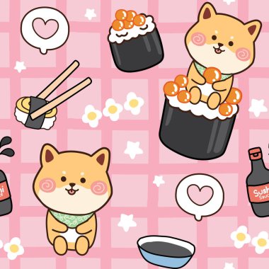 Şirin Shiba Inu köpeğinin kusursuz deseni sushi üzerine oturur. Hayvanlar için karakter tasarımı. Japon yemeği. Arka plan. Duvar kağıdı..