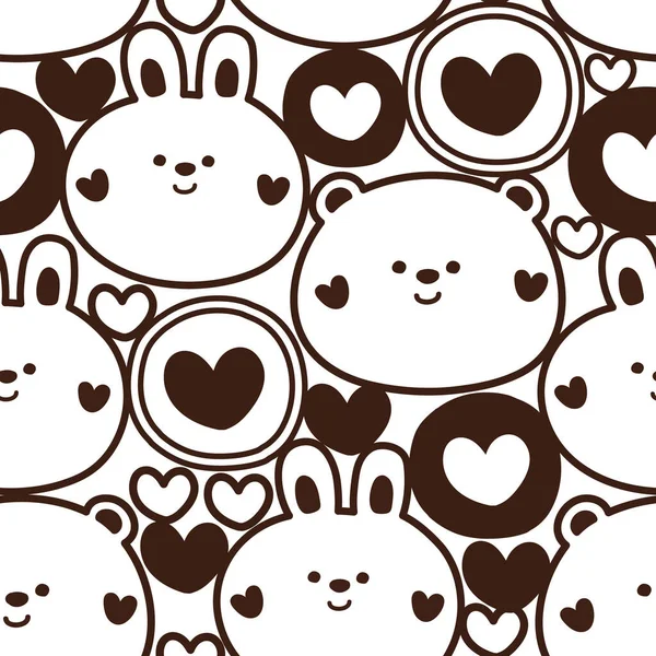 かわいいウサギとクマの落書きのシームレスなパターン 愛の概念 動物のキャラクターデザイン ハート 手描き — ストックベクタ