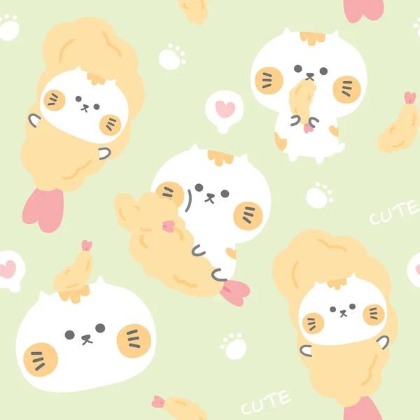 Seamless Pattern Cute Cat Tempura Cartoon Animal Character Design Japan — Stock Vector