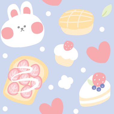 Mavi arka planda tatlı ve sevimli tavşanın kusursuz deseni. Pasta, ekmek, çilek çizgi filmi el çizimi. Grafik tasarımı. Hayvanlar. Resim. Tekrar et. Kağıt hediye..