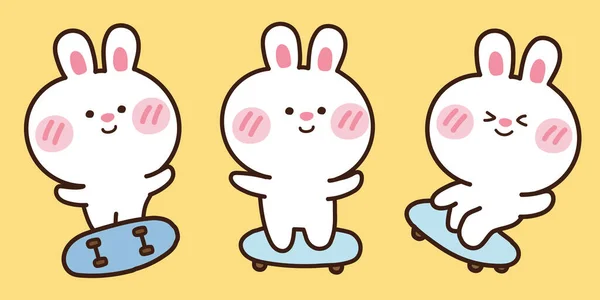 Cute Rabbit Skate Board Yellow Background Animal Character Design Kid — Stock Vector