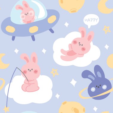 Pastel concpet.Seamless pattern of cute pink rabbit on sky cartoon.Animal character design.Galaxy concept.Planet.Kid graphic.Wallpaper.Repeat.Paper gift.Kawaii.Vector.Illustration.Illustrator. clipart