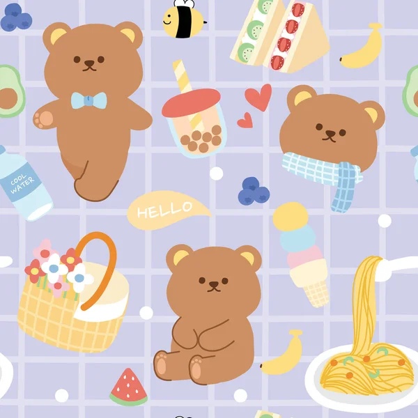 Pastel Concept Seamless Pattern Cute Bear Breakfast Picnic Cartoon Animals — Stock Vector