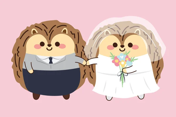 ピンクの背景に結婚カップルハリネズミの漫画 バレンタインデーの愛 ロマンス 花嫁とグループ — ストックベクタ