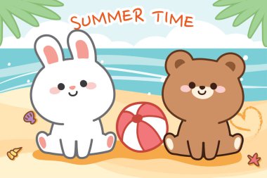 Yaz konsepti. Sevimli tavşan ve ayı sahilde oturur. Hayvanlar için karakter çizimi. Pankart, duvar kağıdı, arkaplan..